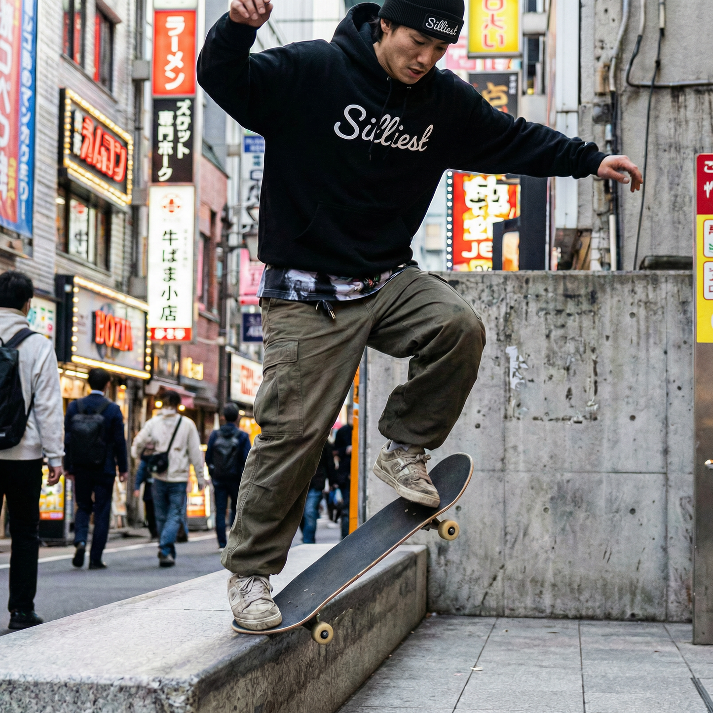 Person skateboarding in an urban setting with city lights and signs in the background