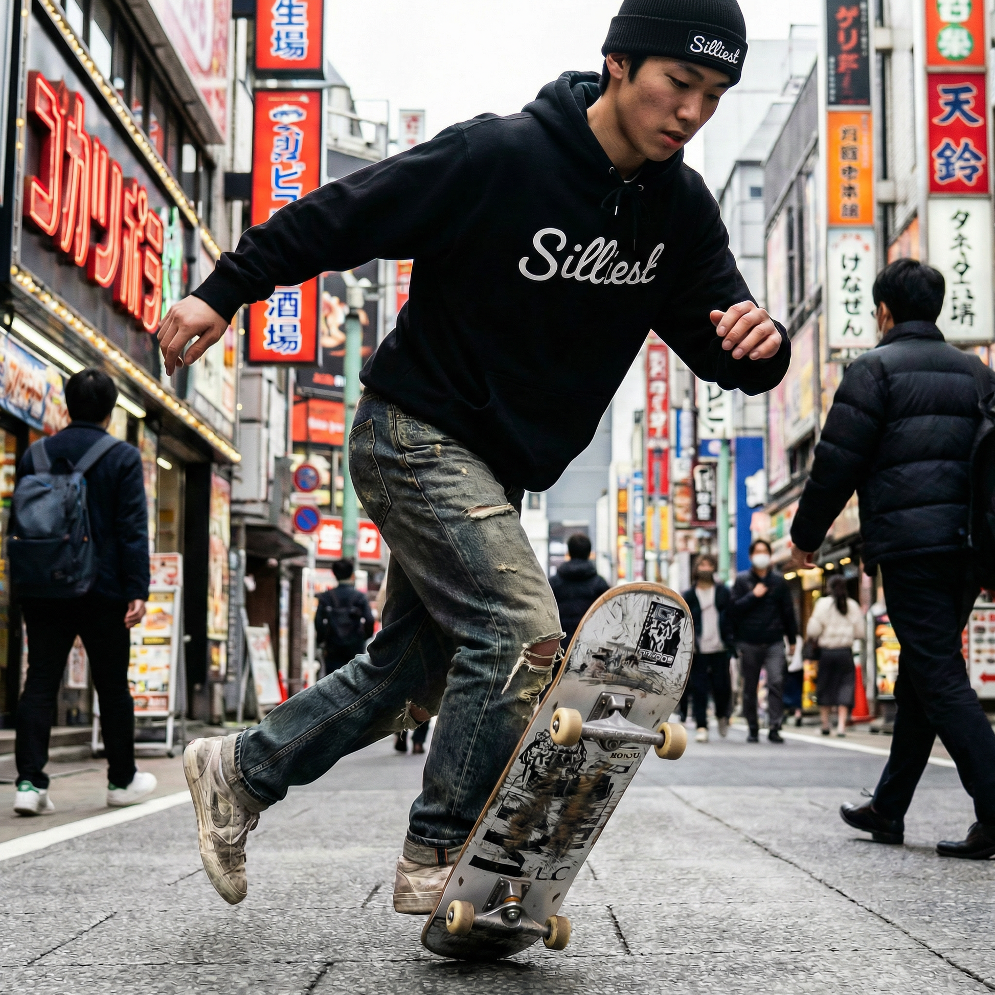 Skateboarder performing a trick on a busy street with colorful signs in the background