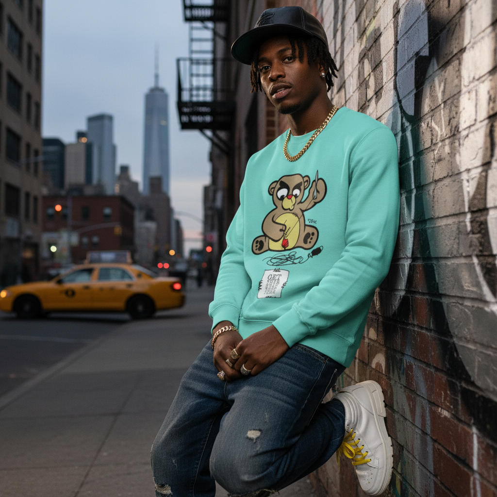 Light blue long-sleeve shirt with a cartoon bear holding a sewing needle and a sign on a white background that says get yourself together.